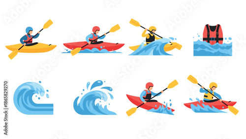 Kayaking adventures: paddlers, waves, and gear in flat design
