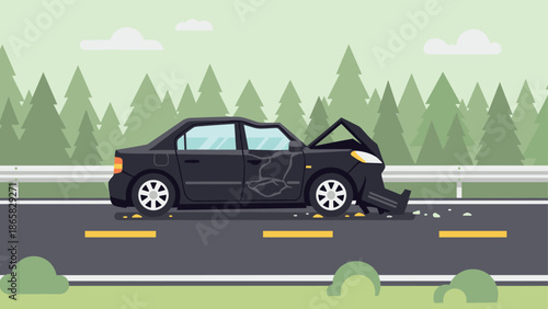 Car crash on forest road in flat style