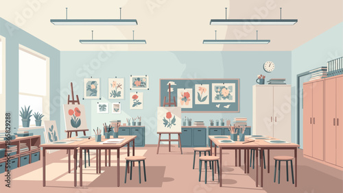 Modern classroom art studio with creative projects and bright decor in soft pastel tones