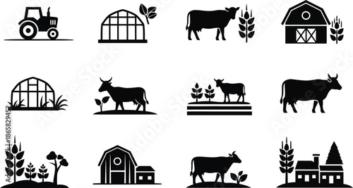 Agricultural vector icons including farm animals, crops, tools, buildings, and equipment for farming, food production, environment, and rural life themes
