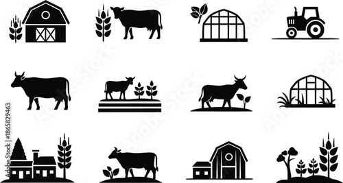 Agricultural vector icons including farm animals, crops, tools, buildings, and equipment for farming, food production, environment, and rural life themes