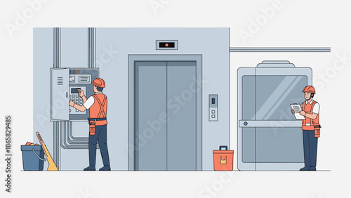 Technicians performing elevator maintenance in a modern building