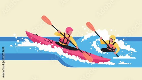 Dynamic kayaking adventure with exciting water splash in modern flat design