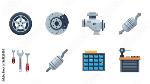 Automotive tools and parts icons: flat garage equipment and car components