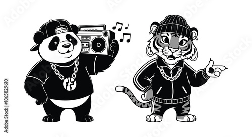 a playful depiction of a panda and tiger duo enjoying music together in a striking silhouette