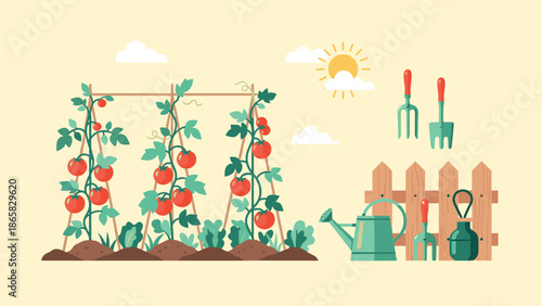 Gardening tools with tomato plants and fence in modern flat design