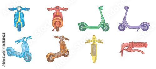 Colorful hand-drawn collection of scooters and electric kick scooters shown from various angles in a playful, sketchy doodle style with a crayon texture illustration