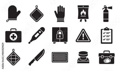 Collection of black safety and emergency preparedness icons in a simple glyph style, featuring a first aid kit, fire extinguisher, protective glove, and warning sign