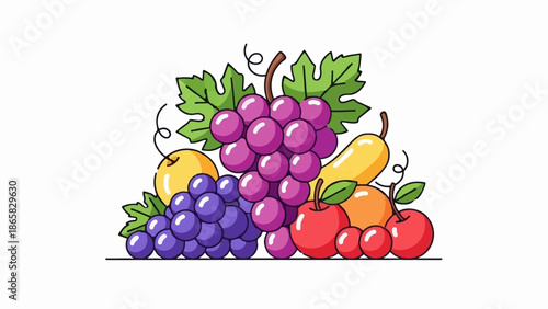 A colorful assortment of fresh fruits, including grapes, apples, and pears, artfully arranged