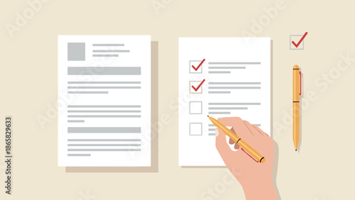 Flat style checklist and documents with hand holding pen on desk