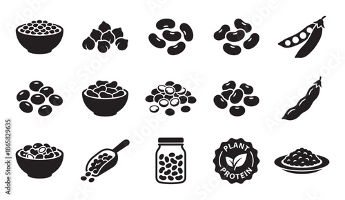 Collection of black legume glyph icons featuring beans, peas, lentils, and chickpeas, representing healthy vegetarian food, agriculture, and sources of plant-based protein