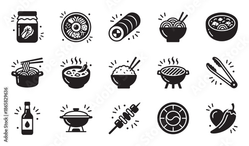 Collection of black glyph icons representing Korean food and cuisine, including kimchi, bibimbap, kimbap, noodles, barbecue, and spicy chili pepper symbols in a simple vector style