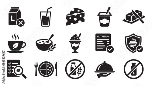Black glyph icon set for food and nutrition, featuring dairy products, healthy meals, diet planning, and symbols for lactose-free, gluten-free, and gut health concepts