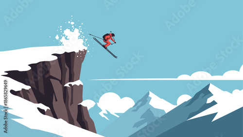 Dynamic mountain skiing: snowy adventure from cliff edge to blue skies