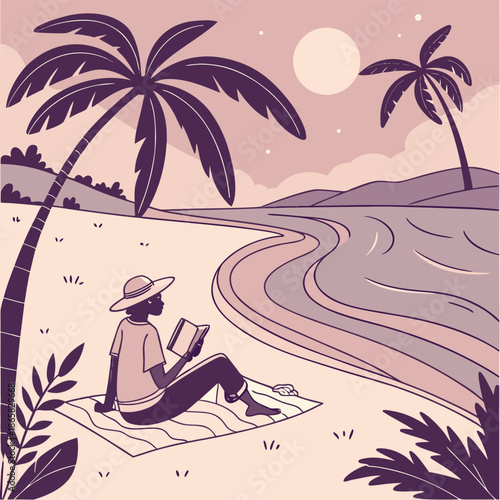 A person enjoys peaceful reading on a tranquil tropical beach under the soft light of sunset 