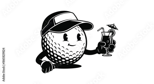 a cheerful golf ball character wearing a cap and holding a drink a unique illustration silhouette