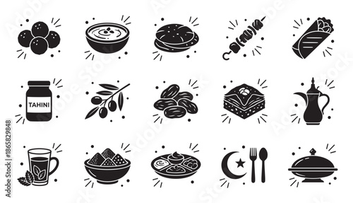 Collection of black glyph icons representing Middle Eastern food for a Ramadan Iftar celebration, with falafel, hummus, kebab, baklava, and dates in a simple silhouette style