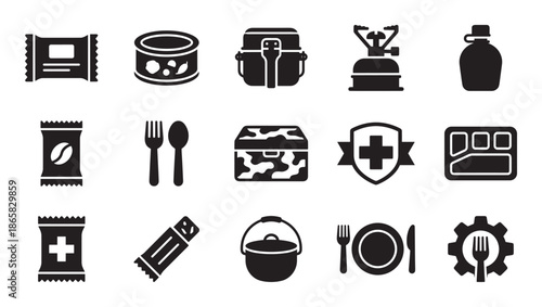 Survival food and camping equipment icon set with black glyphs of MRE, canned rations, portable stove, mess kit, and emergency supplies for preparedness