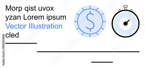 Time management, financial planning, business efficiency, scheduling, productivity tools, cost analysis. Circular dollar symbol and a stopwatch. Time management and financial planning concept