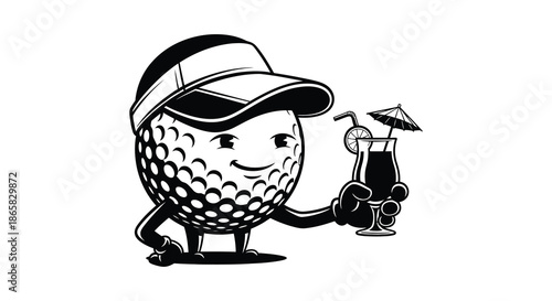 A playful golf ball character enjoying a tropical drink with a charming distinctive silhouette high quality