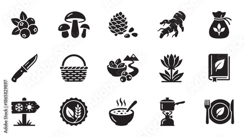 Collection of black glyph icons representing foraging, wild food, and outdoor cooking with symbols for mushrooms, berries, herbs, and camping equipment in a simple silhouette style