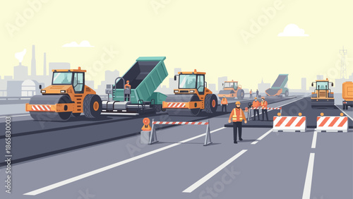 Road construction scene with heavy machinery and workers in flat design