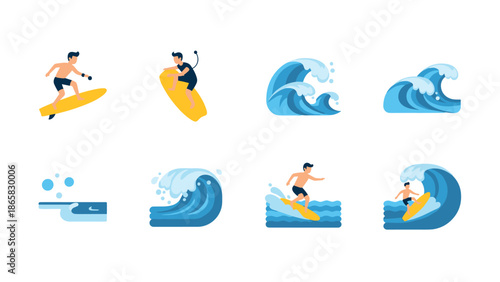 Surfing adventure icons: minimalist wave and surfer designs for ocean enthusiasts