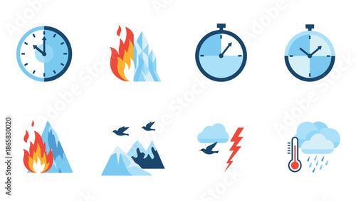 Flat style weather and time icons featuring clocks, flames, ice, birds, and thermometer