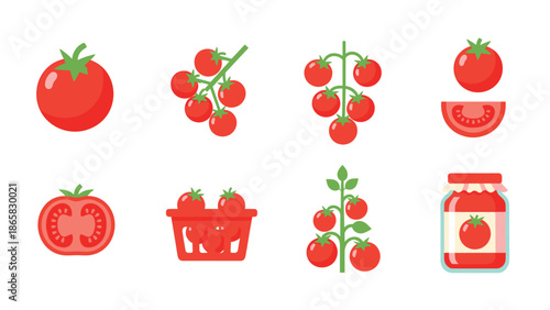 Flat tomato icons: fresh tomato, sliced tomato, cherry tomato, tomato plant, tomato jar