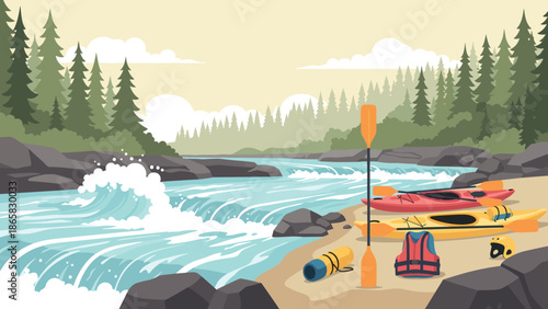 Tranquil riverbank with kayaks and gear amidst lush forest setting