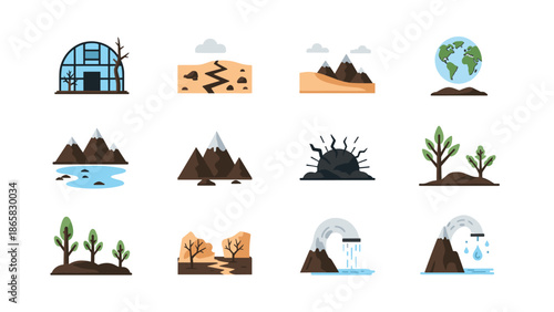 Diverse natural landscapes and environmental elements in flat style design
