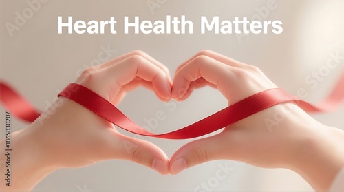 A pair of hands forming a heart shape with a red ribbon wrapped around them