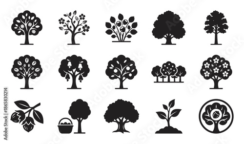 Set of black silhouette tree icons depicting various fruit trees, flowering plants, nuts, a harvest basket, and a seedling, representing concepts of agriculture, gardening, and nature
