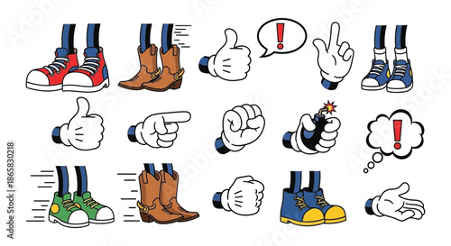 Cartoon feet and hands with various shoes and explosive elements