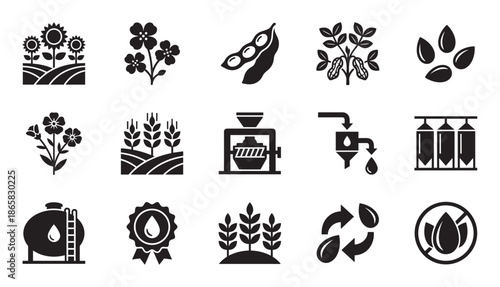 Collection of black glyph icons representing vegetable oil production from various agricultural crops like sunflower, soy, and rapeseed, showing the entire process from field to factory