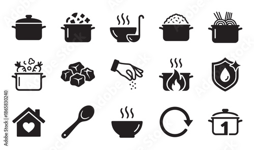 Set of fifteen minimalist black glyph icons for cooking, including a saucepan, boiling pot, soup bowl, ladle, rice, noodles, and other culinary symbols for a recipe or menu