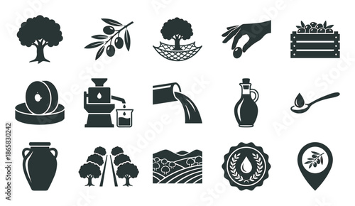 Set of black olive oil production icons showing the complete cycle from tree cultivation and harvesting to pressing, bottling, and the final product in a minimalist glyph style