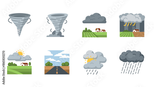 Flat weather icons: tornado, storm, rain, and sunshine with countryside landscape