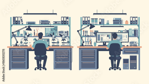 Flat design office workspace with engineers at desks and technical equipment
