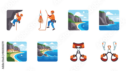 Rock climbing adventure: flat design outdoor and coastal activity icons collection