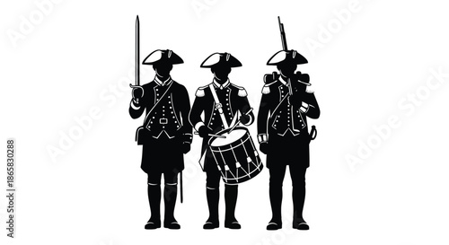 three colonial american soldiers stand in formation with a drummer a striking black silhouette high quality