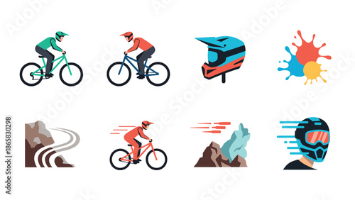 Colorful icons of cyclists and helmets on white background