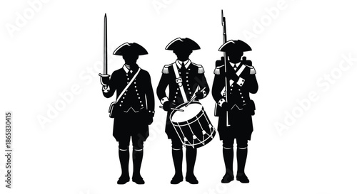 three revolutionary war soldiers standing in formation holding muskets and a drum a striking silhouette