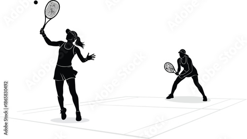 Two female tennis players in action during a match on a court depicted as a silhouette
