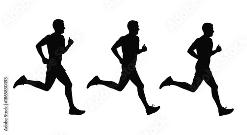 Three male figures are depicted running forward in a dynamic pose presented as a striking silhouette