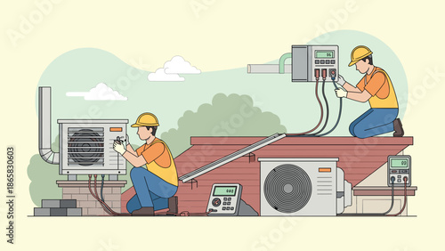 Technicians installing hvac systems on rooftop with modern equipment in linear style