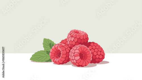 Fresh raspberries with leaves in flat design on soft background