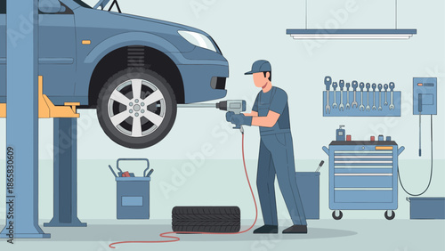 Mechanic fixing car on lift in garage with tools and equipment in flat design