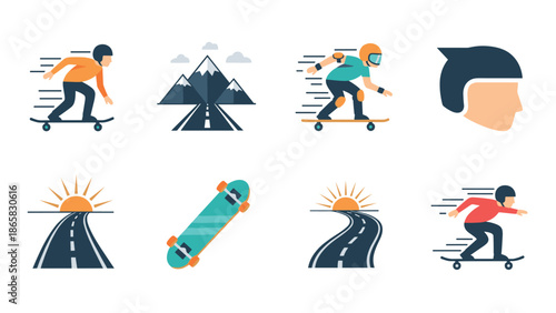 Dynamic skateboarding and scenic roads with flat minimalist icons