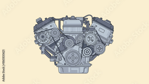 Detailed mechanical engine design on beige background